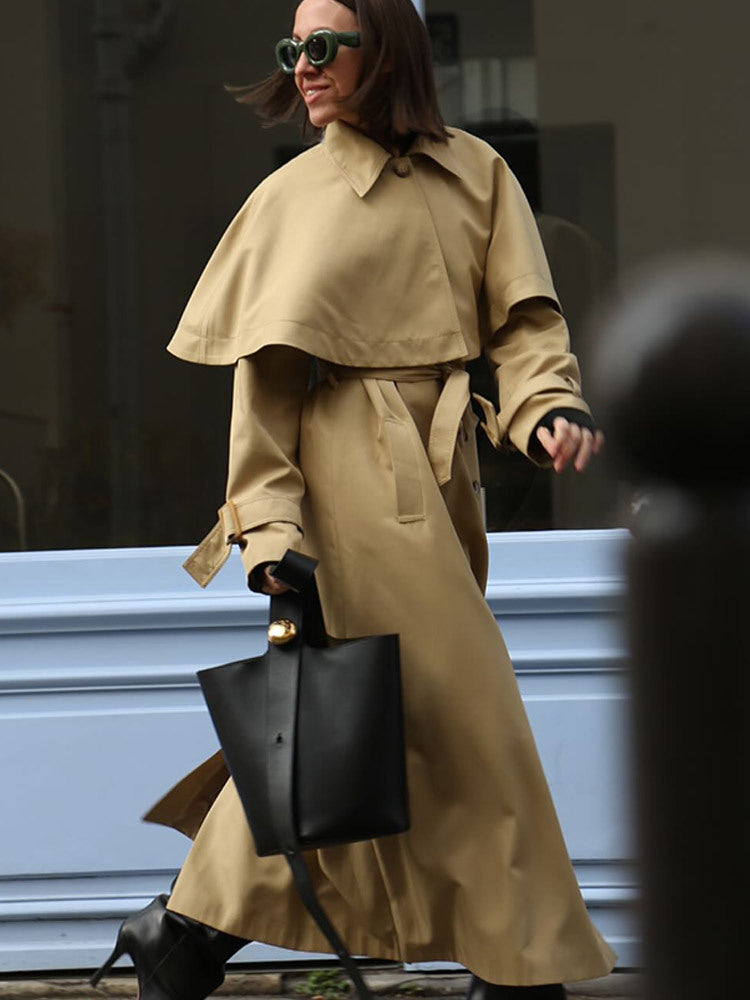 Ladies Long Trench Coat with Capelet, Waist Belt and Raglan Sleeves Amarae