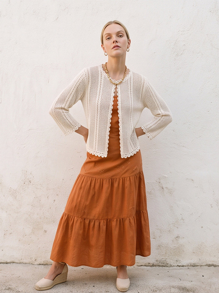 Women's crocheted short jacket with wavy hem, open front & 3/4 sleeves Amarae
