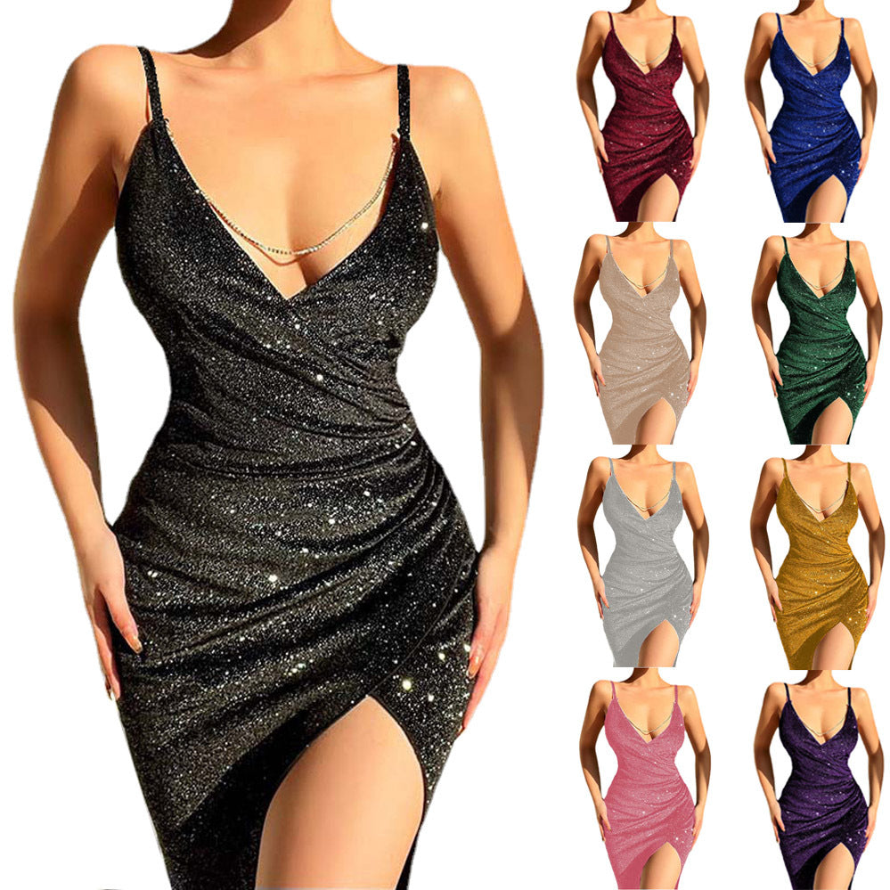 Glamorous wrap dress for women with a deep V-neckline and a Lune London sparkling material.