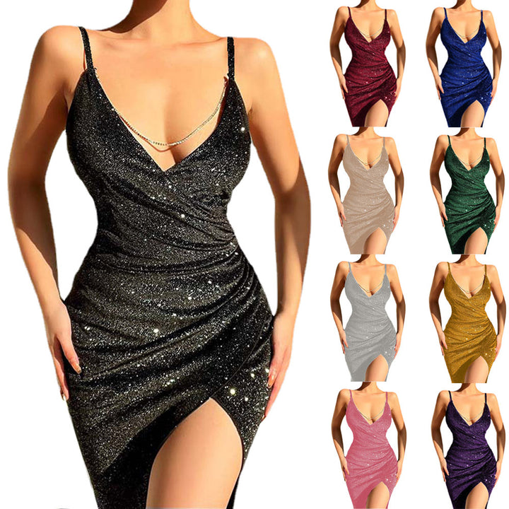 Glamorous wrap dress for women with a deep V-neckline and a Lune London sparkling material.