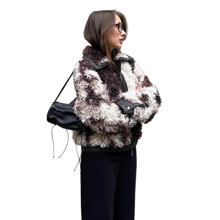 Women's short jacket made of curly bouclé faux fur with leather look detailing Amarae