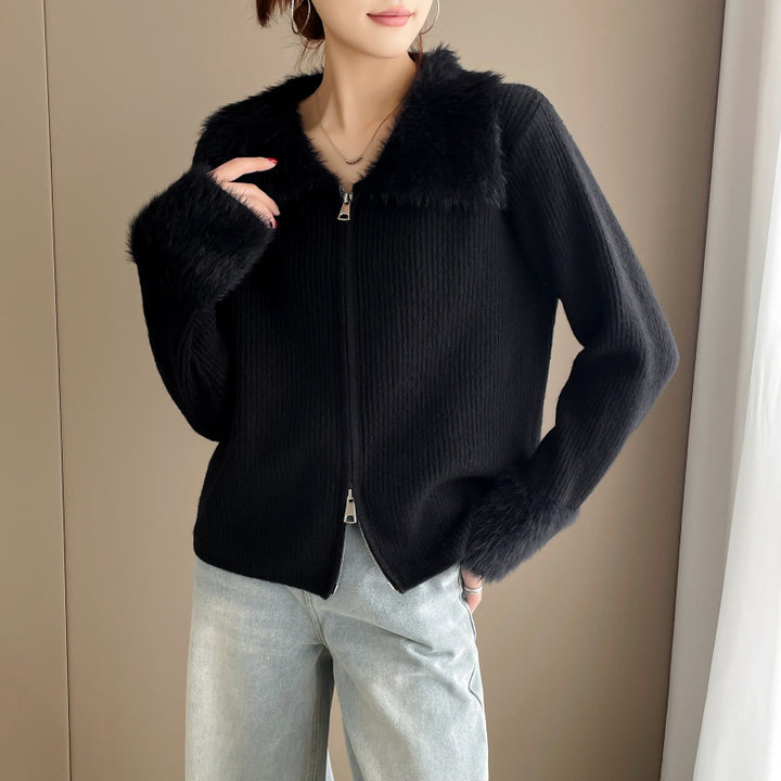 Cardigan pour femme avec col en fausse fourrure luxueuse et drapé en tricot côtes