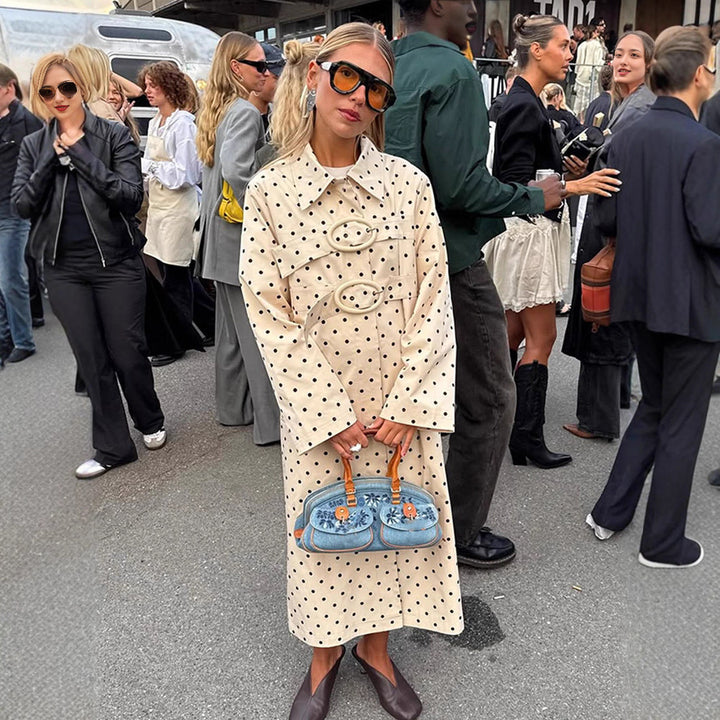 Women's long cut polka dot trench coat with oversized embellishments and boxy cut Amarae