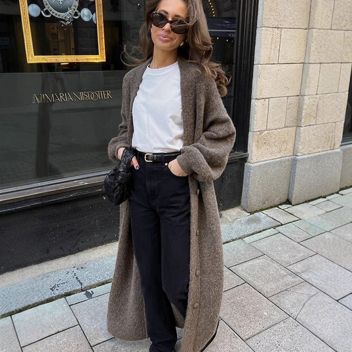 Women Maxi Long Knit Coat in Mohair Look with Concealed Button Placket and Loose Silhouette Amarae