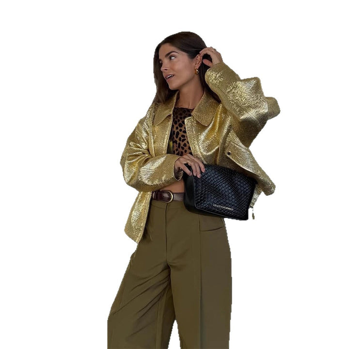 Women Short Textured Metallic Bomber Jacket with Boxy Silhouette Amarae