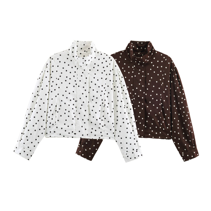 Women's Polka Dot Cropped Blouse with Stand Collar and Concealed Button Placket Amarae