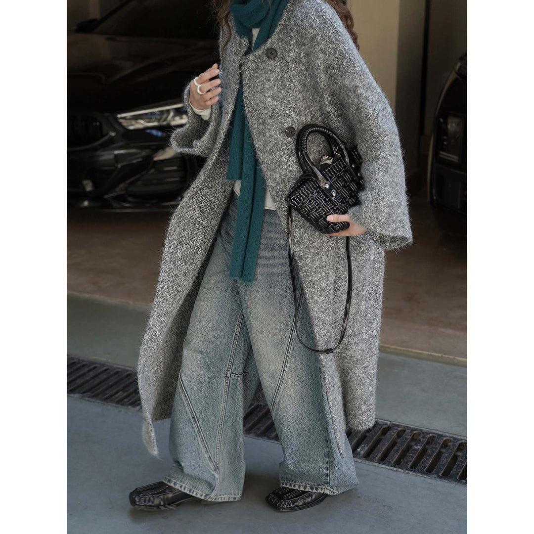 Women’s Long Bouclé Coat in Oversized Style with Discreet Button Placket Amarae