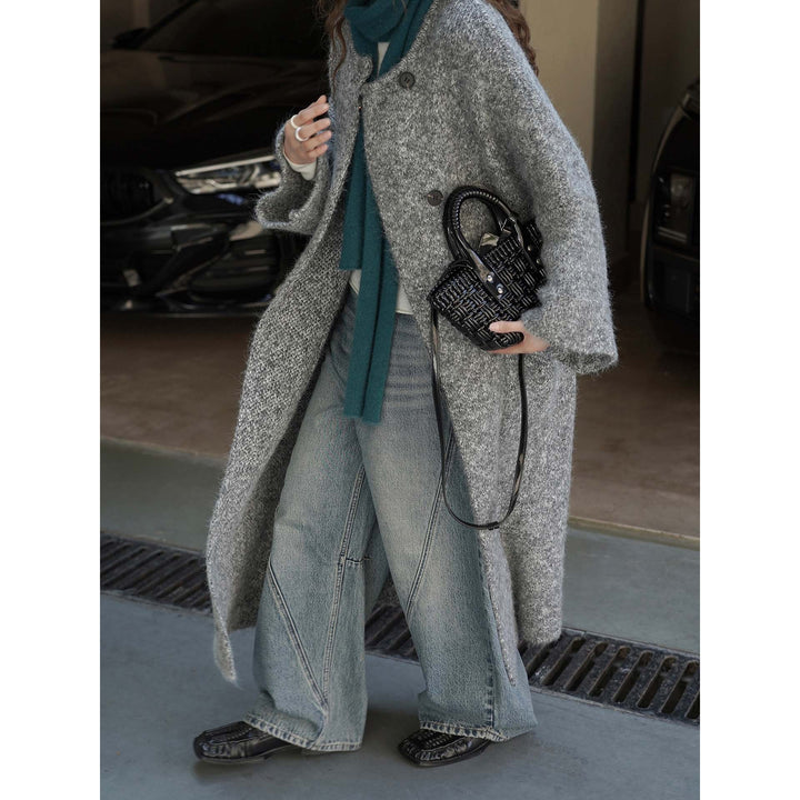 Women’s Long Bouclé Coat in Oversized Style with Discreet Button Placket Amarae