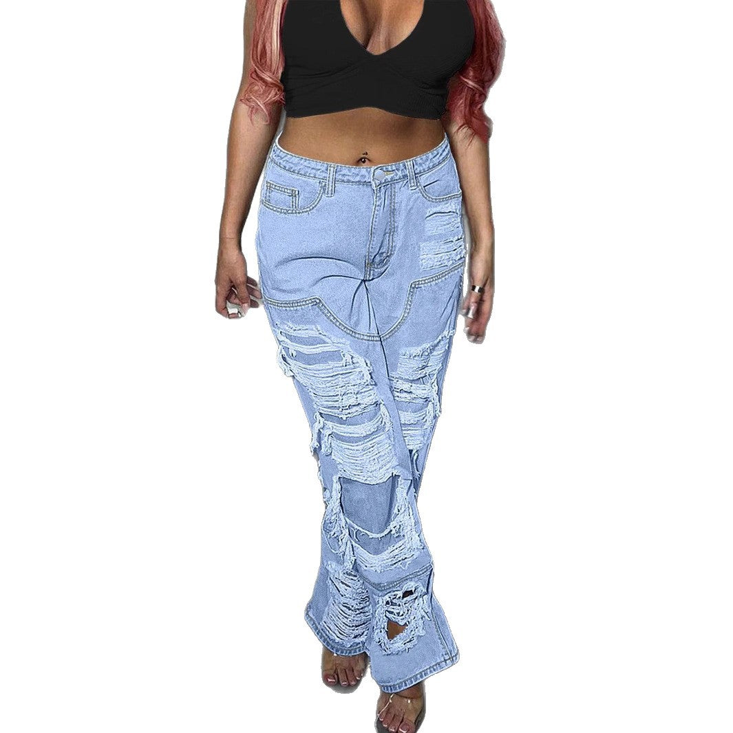Women Stark ripped Wide-Leg Denim Jeans with fringe details Amarae