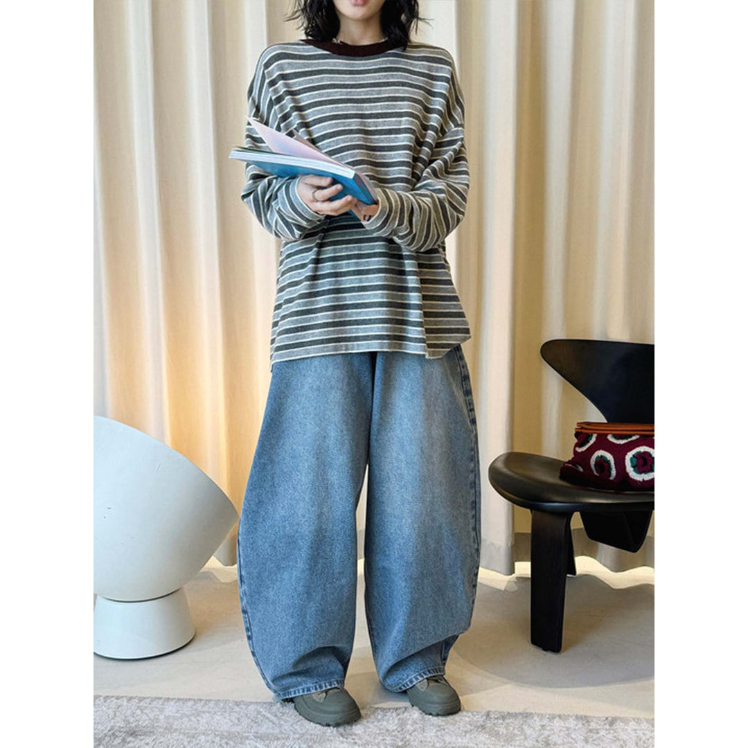 Women Striped Oversize Fine Knit Long Sleeve with Contrasting Round Neckline Amarae