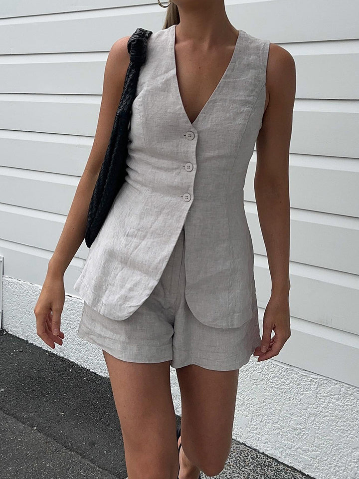 Ladies Elegant Linen Blouse with Chic Shorts Set and Style