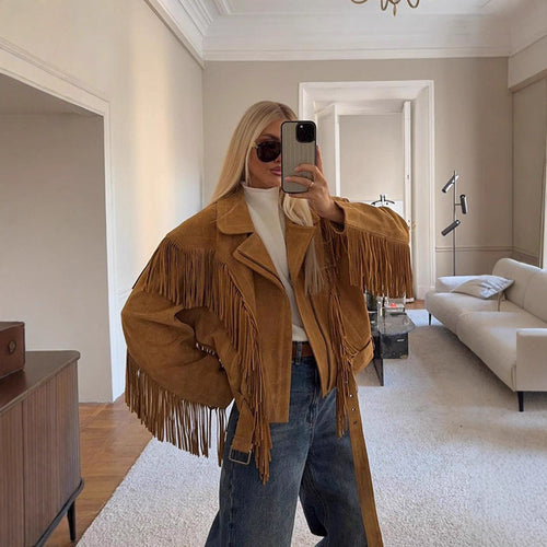 Leather jacket for women with fringes and belt at the waist Amarae
