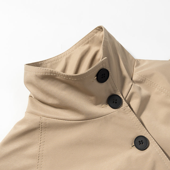 Women's Short Tailored Trench Coat with High Stand Collar and Tie Belt Amarae