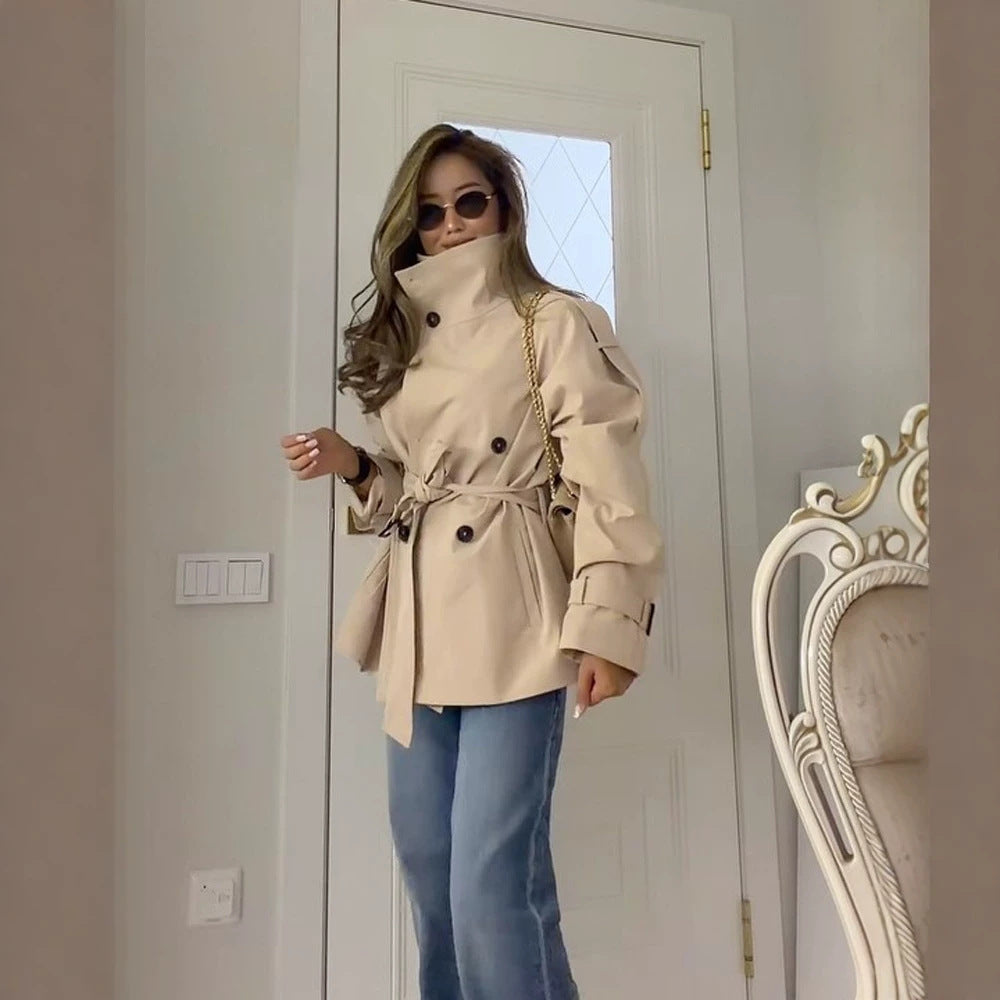 Women's Short Boxy Trench Coat with High Standing Collar, Double-Breasted Front & Waist Belt Amarae