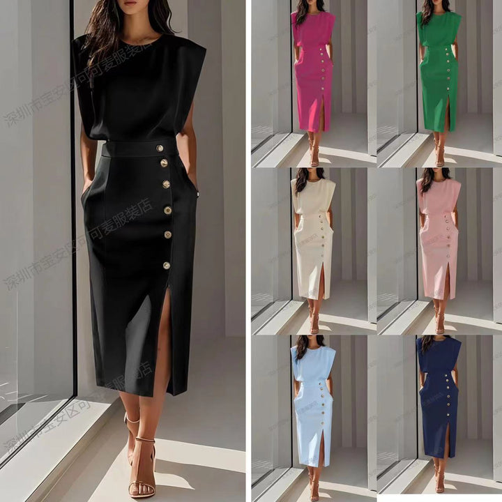 Women Elegant Evening Dress with High Shoulders and Side Split Lune London