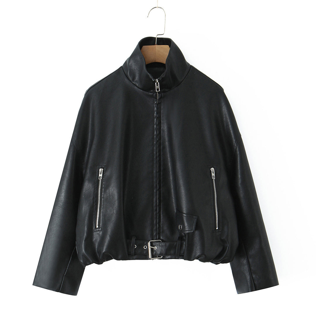 Ladies stylish faux leather jacket with belt Lune London