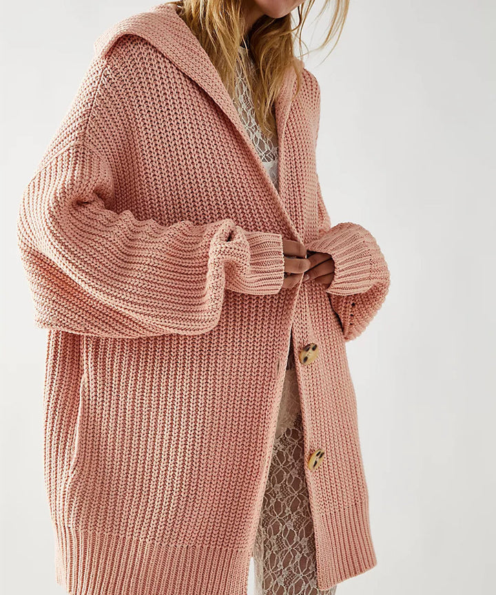Ladies chunky knit cardigan with hood and trendy button details Lune London