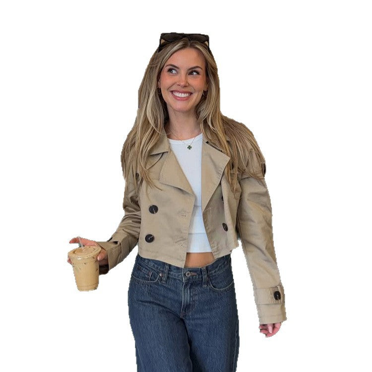 Women's Short-Cut Trench Blouson with Double-Breasted Button Placket and Shortened Silhouette Amarae
