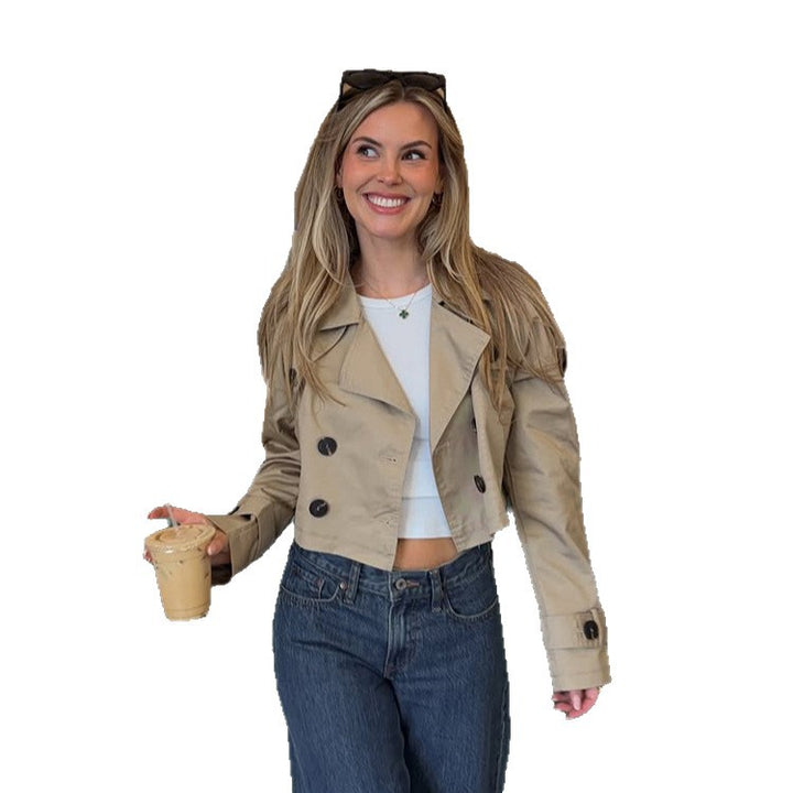 Women's Short-Cut Trench Blouson with Double-Breasted Button Placket and Shortened Silhouette Amarae