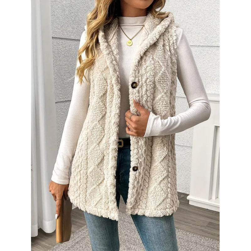 Women's Hooded Teddy Vest with Structured Cable Knit Pattern and Decorative Button Placket Amarae