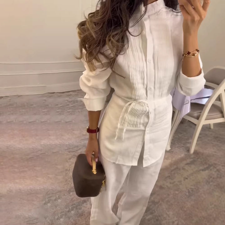 Women Long Shirt Blouse with Fine Pleats, Stand Collar and Tied Belt Amarae