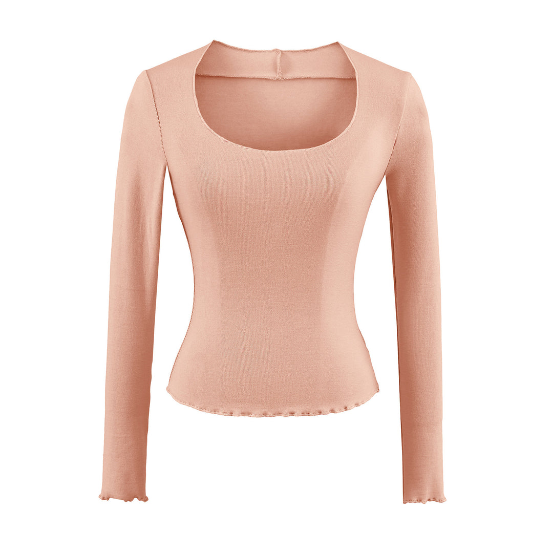 Women Fitted Long Sleeve Fine Knit Top with Square Neckline and Wave Hem Amarae