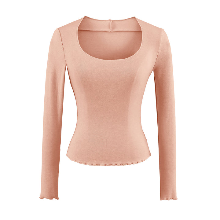 Women Fitted Long Sleeve Fine Knit Top with Square Neckline and Wave Hem Amarae