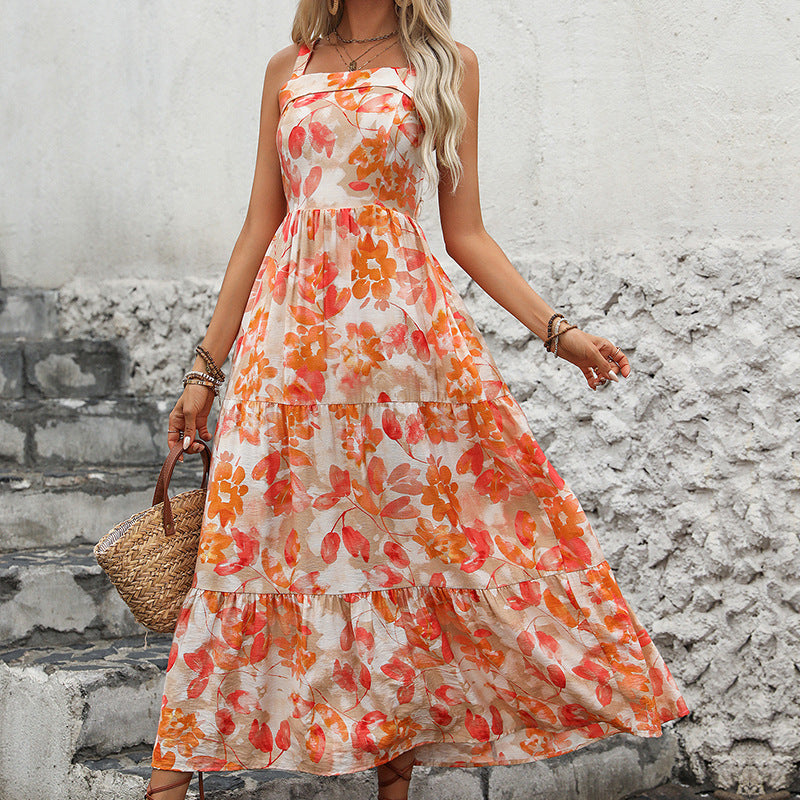 Maxi floral dress with adjustable spaghetti straps for women Lune London