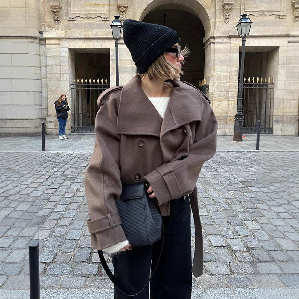 Women's Short Double-Breasted Wool Blend Peacoat with Dropped Shoulders and Epaulettes Amarae