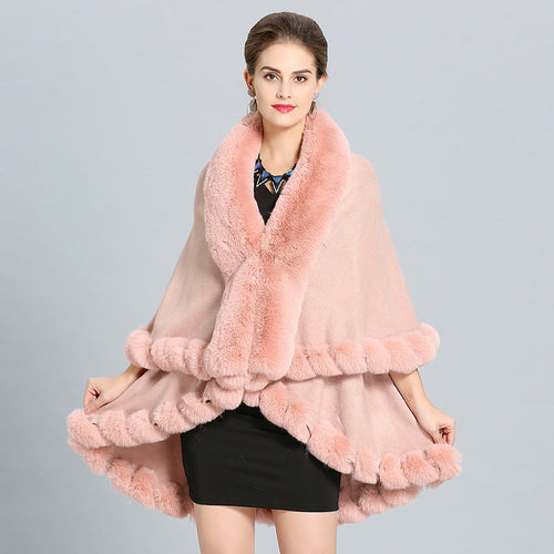 Ladies hooded poncho with luxurious fur collar and elegant trim Amarae