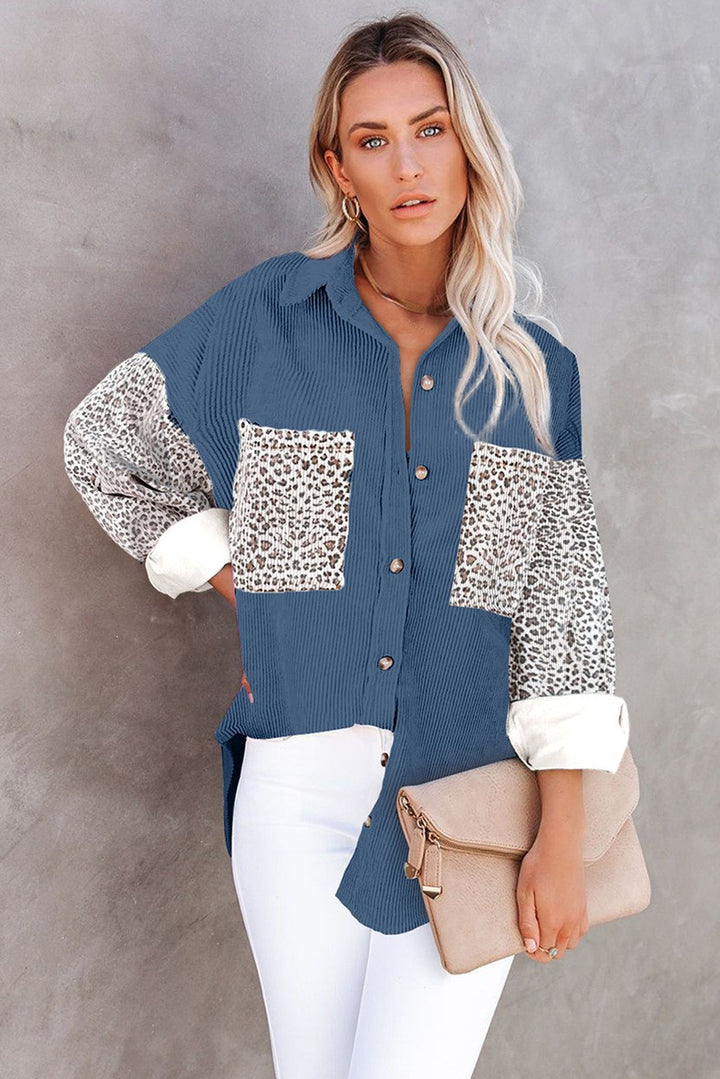 Ladies oversized shirt blouse with textured fabric and leopard print inserts Amarae