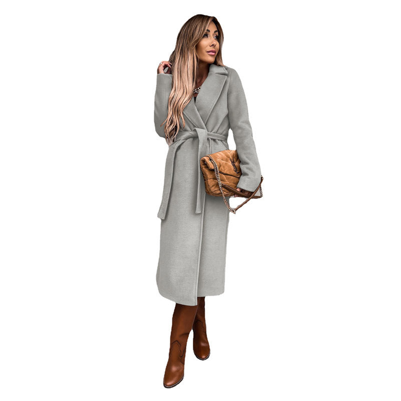Ladies Elegant Wrap Coat with Large Collar and Waist Belt Lune London