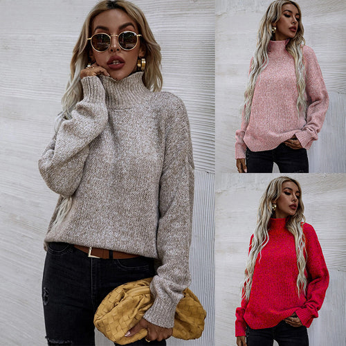 Oversized knitted sweater for women with high collar and soft textured pattern Amarae