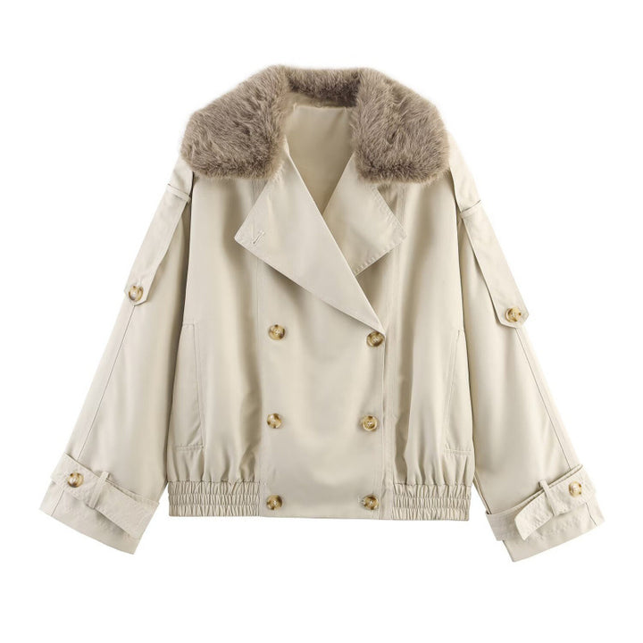 Trendy women's jacket with faux fur collar and double-breasted Lune London