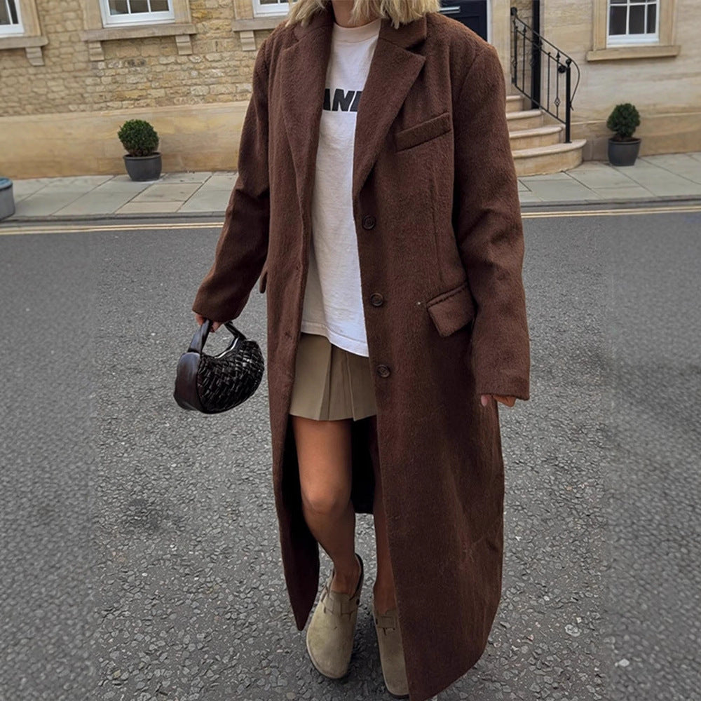 Women's Maxi Long Boxy Coat made of Teddy Faux Fur with Notched Collar and Pockets Amarae