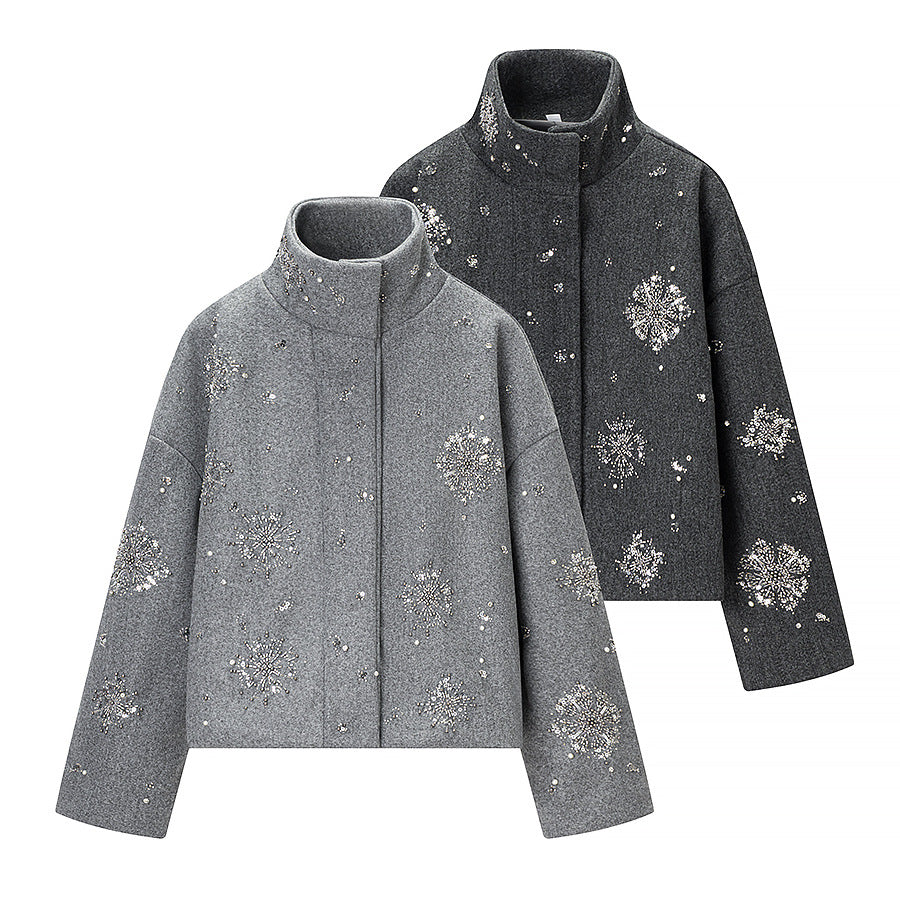 Women's Short Embroidered Wool Blend Boxy Coat with Stand Collar Amarae