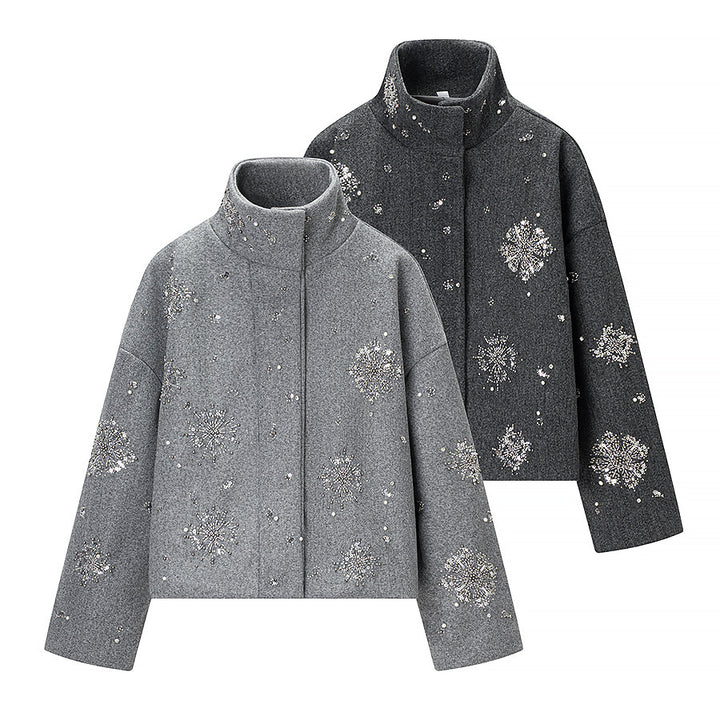 Women's Short Embroidered Wool Blend Boxy Coat with Stand Collar Amarae