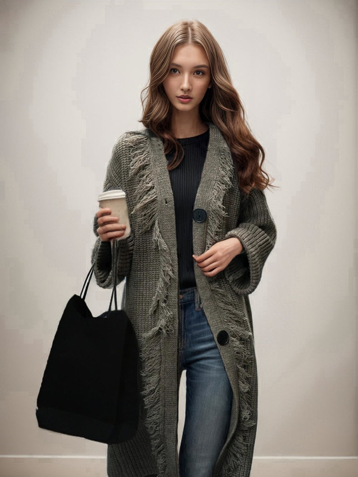 Casual knit coat for women with fringed finishes and large pockets Lune London