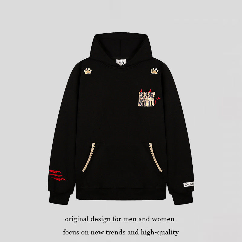 Women's Oversize Hooded Sweater with Kangaroo Pocket, Animal Patch and Decorative Embroidery Amarae