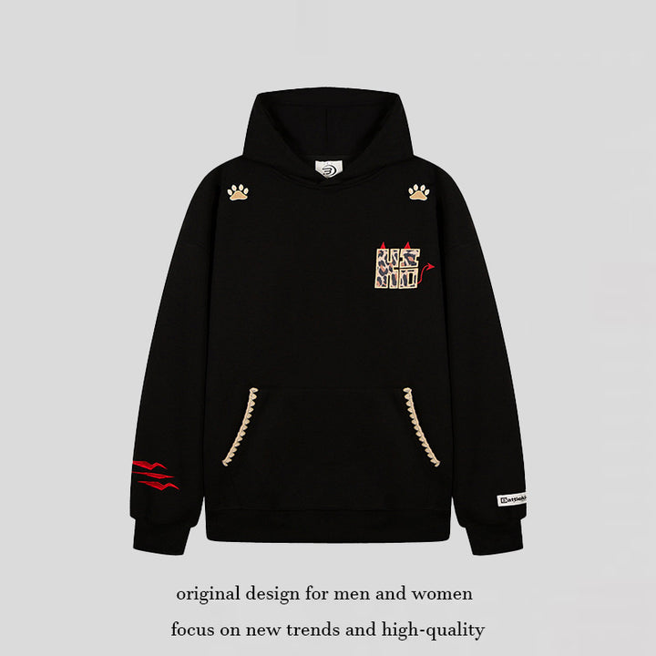 Women's Oversize Hooded Sweater with Kangaroo Pocket, Animal Patch and Decorative Embroidery Amarae