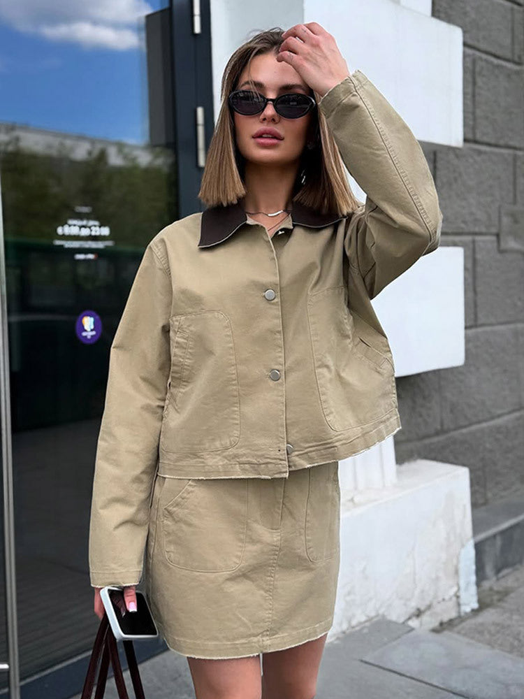 Women's Two-Piece Cotton Utility Set with Cropped Jacket and Mini Skirt Amarae