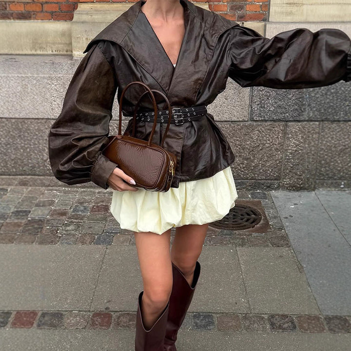 Women's Tailored Faux Leather Blouson with Wide Shawl Collar, Voluminous Balloon Sleeves and Double Studded Belt Amarae