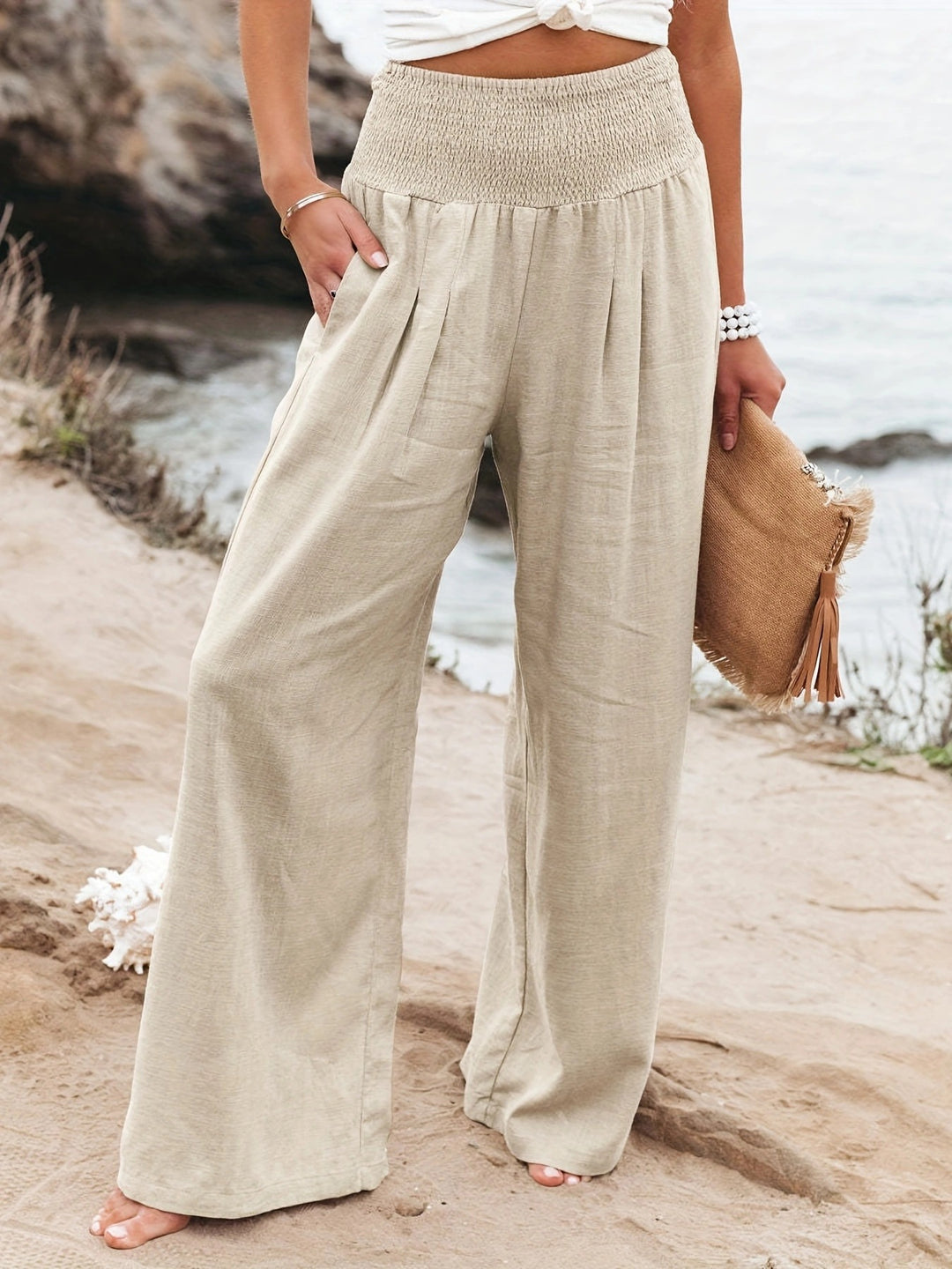 Summer wide-leg pants for women with elastic waist and elegant draping Lune London