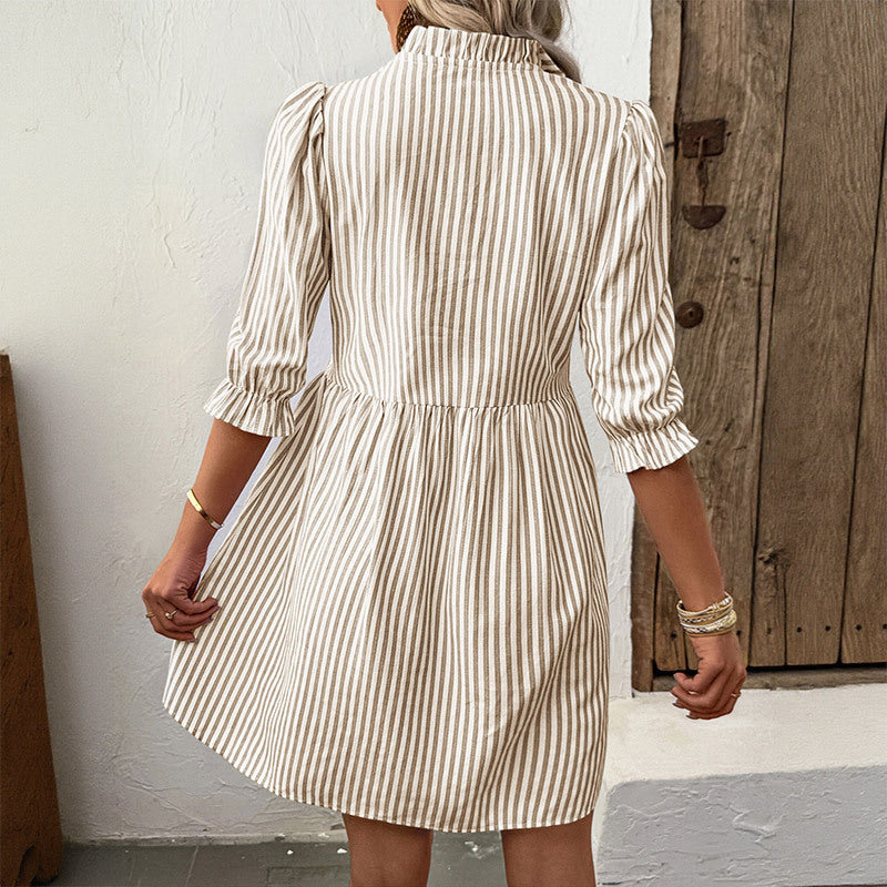 Chic Striped Ruffled Button Mini Dress for Women