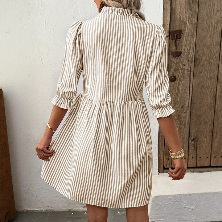 Chic Striped Ruffled Button Mini Dress for Women