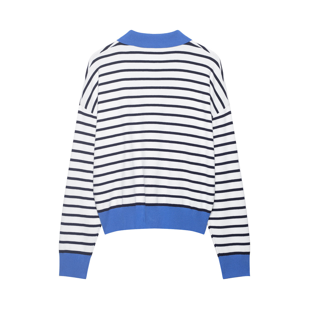 Women's Striped Cropped Knit Polo with Half Zipper and Wide Ribbed Cuff Amarae