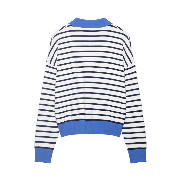 Women's Striped Cropped Knit Polo with Half Zipper and Wide Ribbed Cuff Amarae