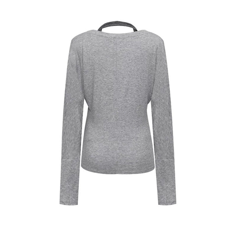 Women's layer long-sleeve shirt with deep V-neck, halter inner layer and side script print Amarae