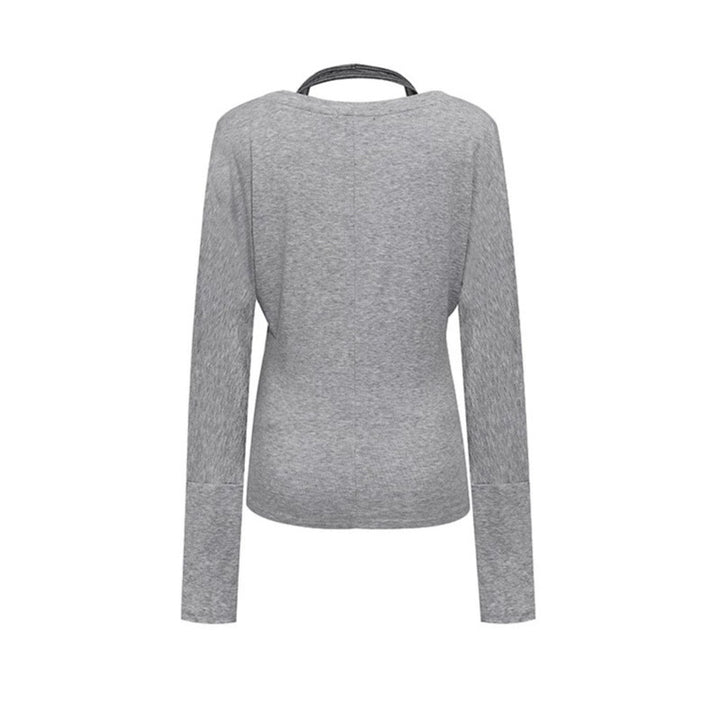 Women's layer long-sleeve shirt with deep V-neck, halter inner layer and side script print Amarae