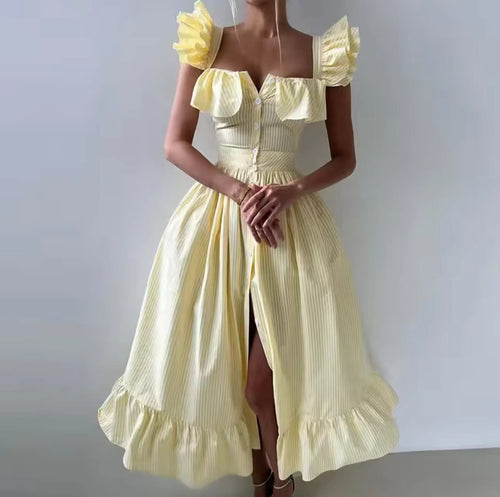 Maxi dress for women with voluminous ruffle design and button closure Amarae